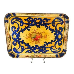 Vintage Paper Mache Serving Tray Floral/Ornate Blue Scroll 13 x 10" Hand-Painted